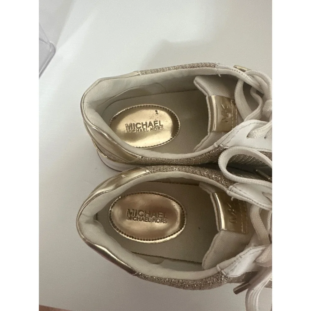 Michael Kors Sneakers Platform Gold Glitter Logo Lace Up Casual Shoes - Picture 4 of 9
